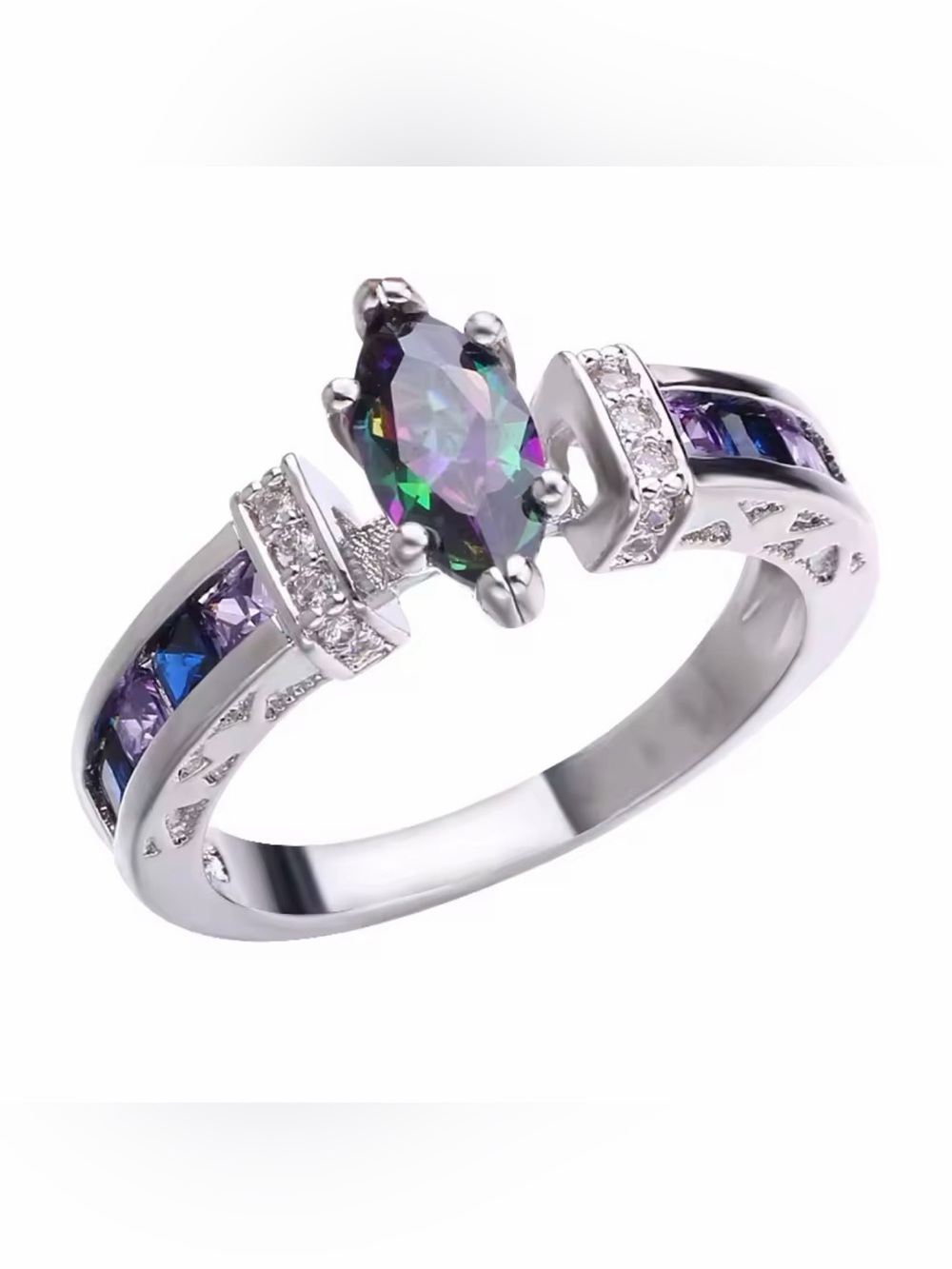 Mystic Topaz Oval Solitaire Ring with Purple Accent Stones New 8